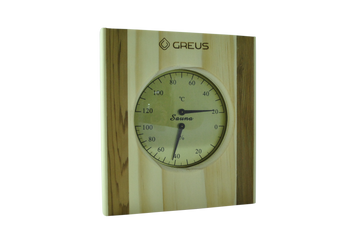 Термогигрометр Greus сосна/кедр 16х14,5 для бани и сауны фото 1